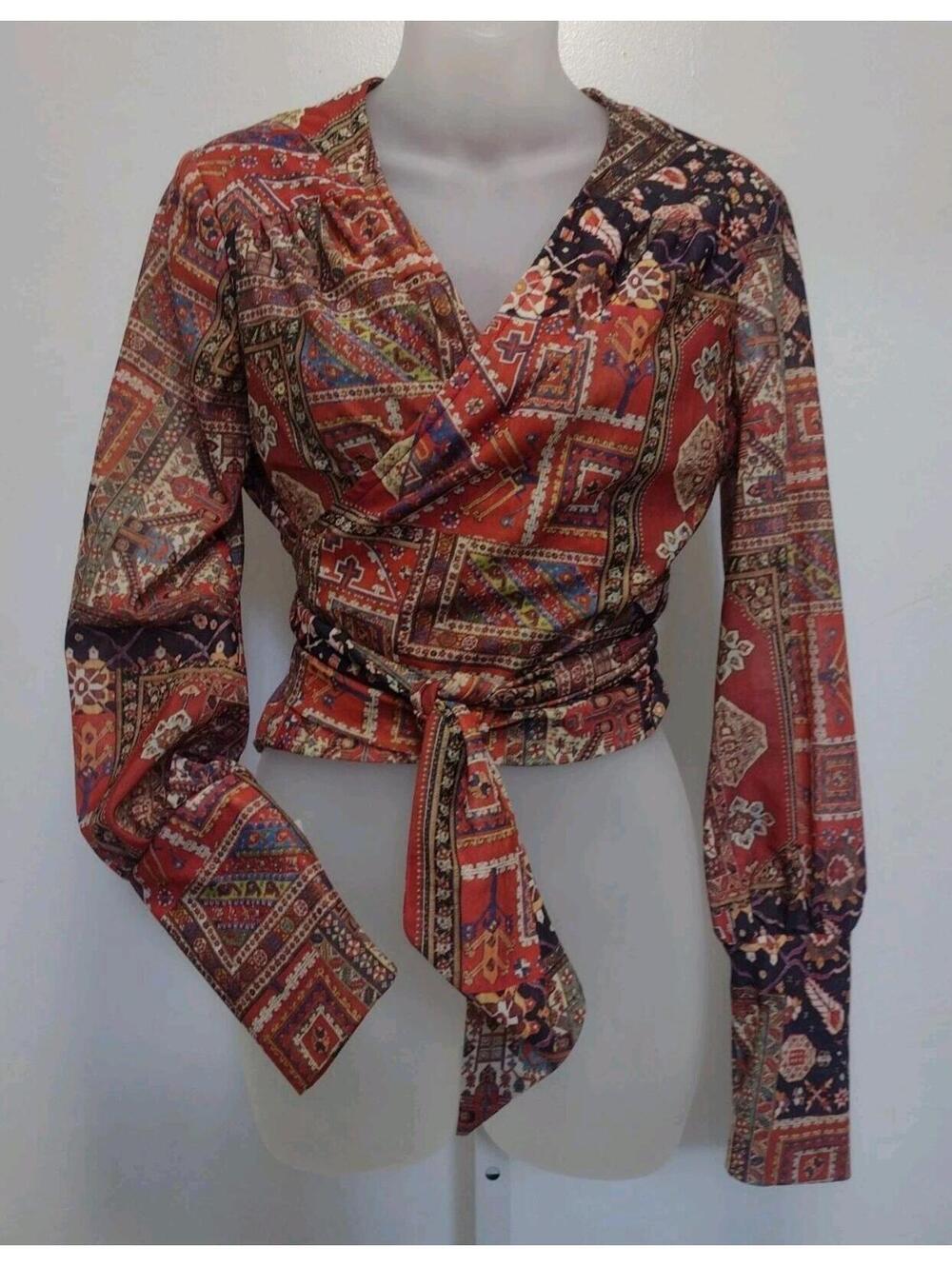 Vintage 70s Handmade Boho Wrap Top M Puff Sleeve Persian Print Festival Crop